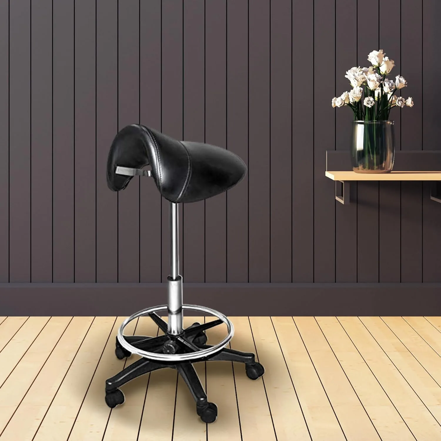 Chromium Professional Saddle Cutting Stool [7008] by PureSana, High Density Foam, Premium Vinyl Material, Adjustable Height and Rotates 360 Degrees, Salon Quality for Beauty Professionals (Black)