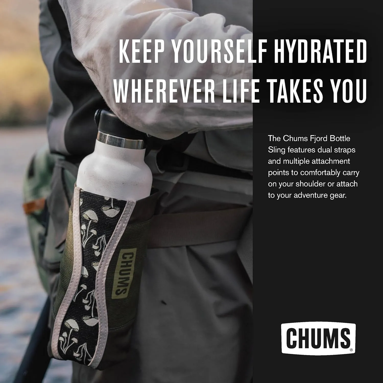 Chums Fjord Bottle Elastic Sling Bag – Adjustable Nylon and Polyester Tactical Tote for Water Bottles and Flasks (Pines)
