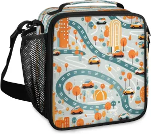 City Car Highway Lunch Box for Women, Reusable Insulated Lunch Bag, Lunchbox for Adult with Shoulder Strap, Lunch Tote Cooler Bags for Work Picnic Camping