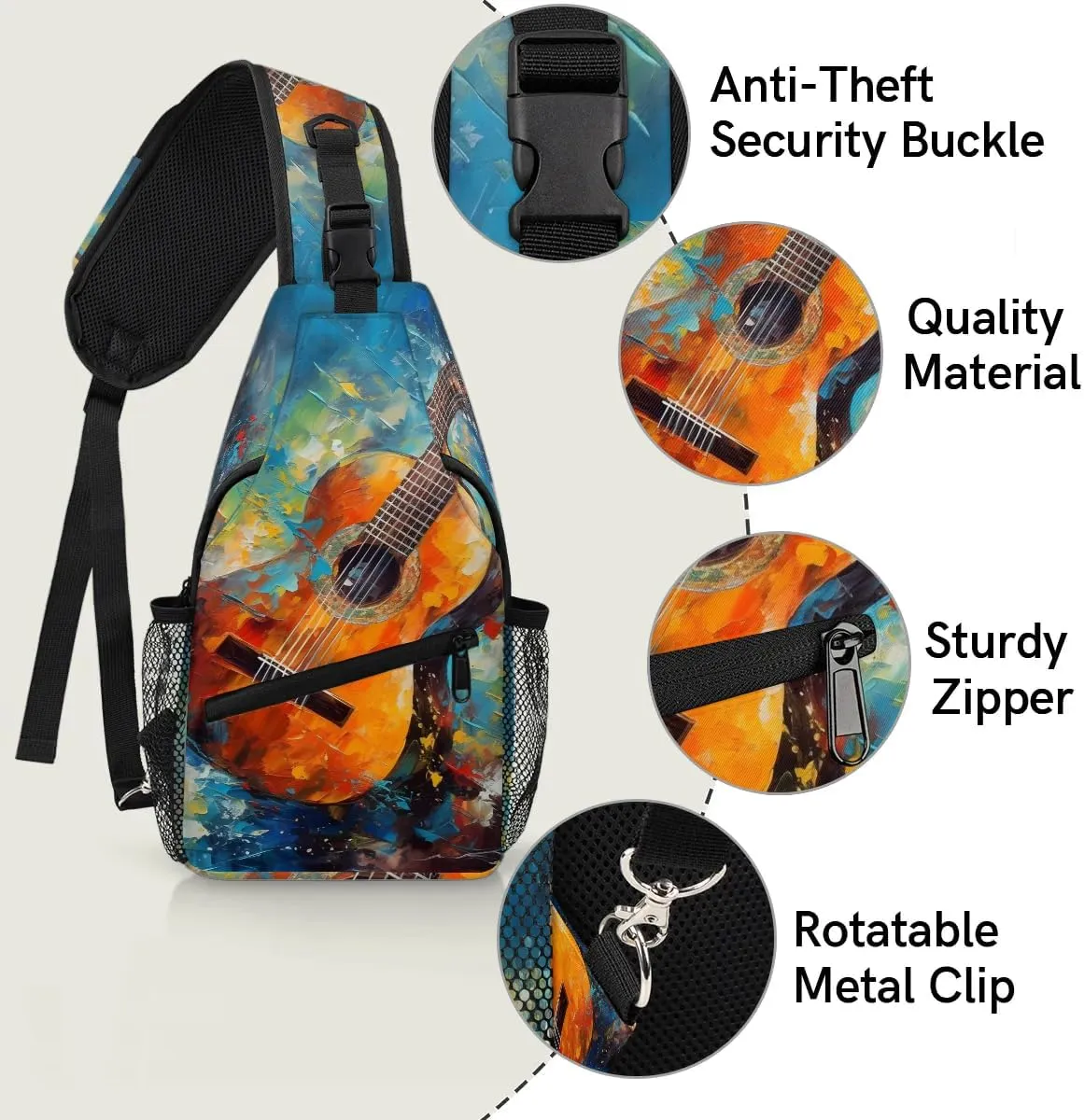 Classic Guitar Print Sling Bag for Women Men, Waterproof Crossbody Sling Backpack Travel Outdoor Sports Chest Bag