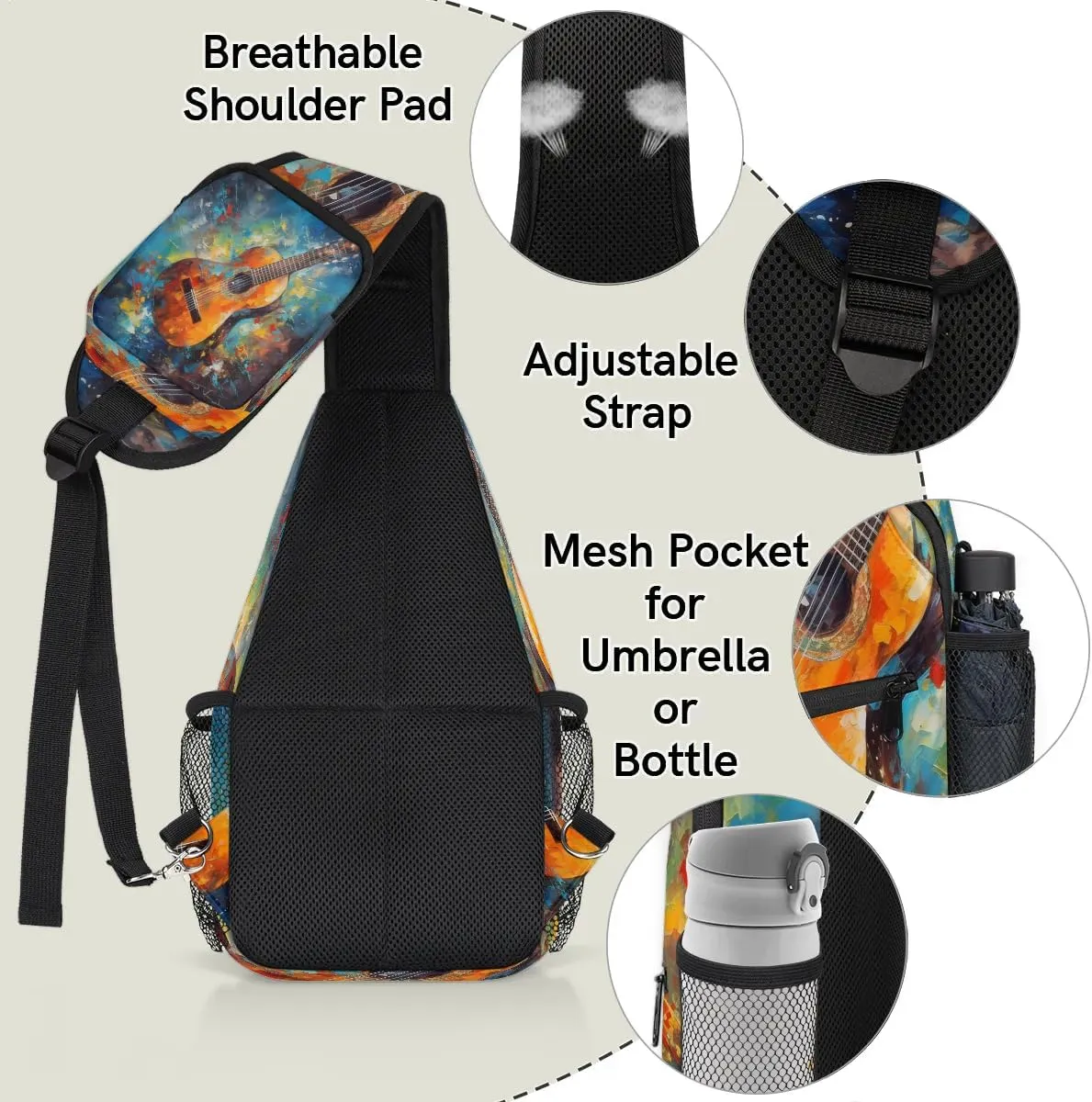 Classic Guitar Print Sling Bag for Women Men, Waterproof Crossbody Sling Backpack Travel Outdoor Sports Chest Bag