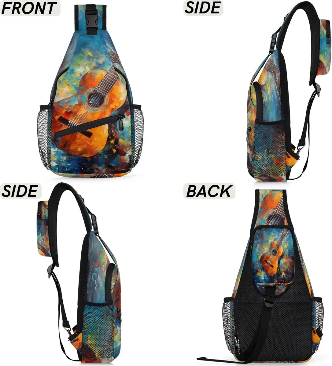 Classic Guitar Print Sling Bag for Women Men, Waterproof Crossbody Sling Backpack Travel Outdoor Sports Chest Bag