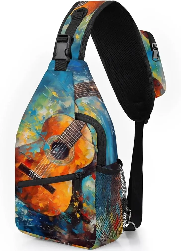 Classic Guitar Print Sling Bag for Women Men, Waterproof Crossbody Sling Backpack Travel Outdoor Sports Chest Bag