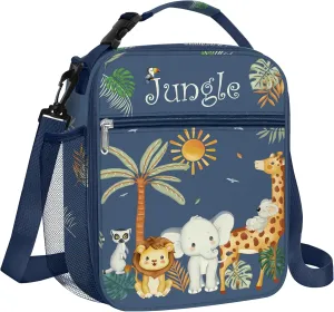 Clastyle Blue Jungle Animal Insulated Lunch Bag for Kids, Portable Large Thermal Cooler Lunch Bag for Boys, School Lunch Box Bag with Bottle Holder
