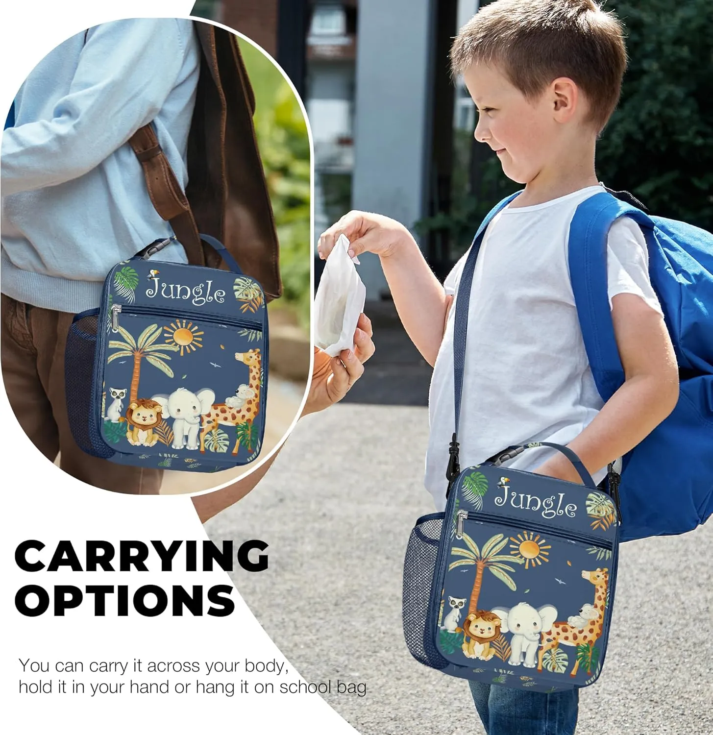 Clastyle Blue Jungle Animal Insulated Lunch Bag for Kids, Portable Large Thermal Cooler Lunch Bag for Boys, School Lunch Box Bag with Bottle Holder