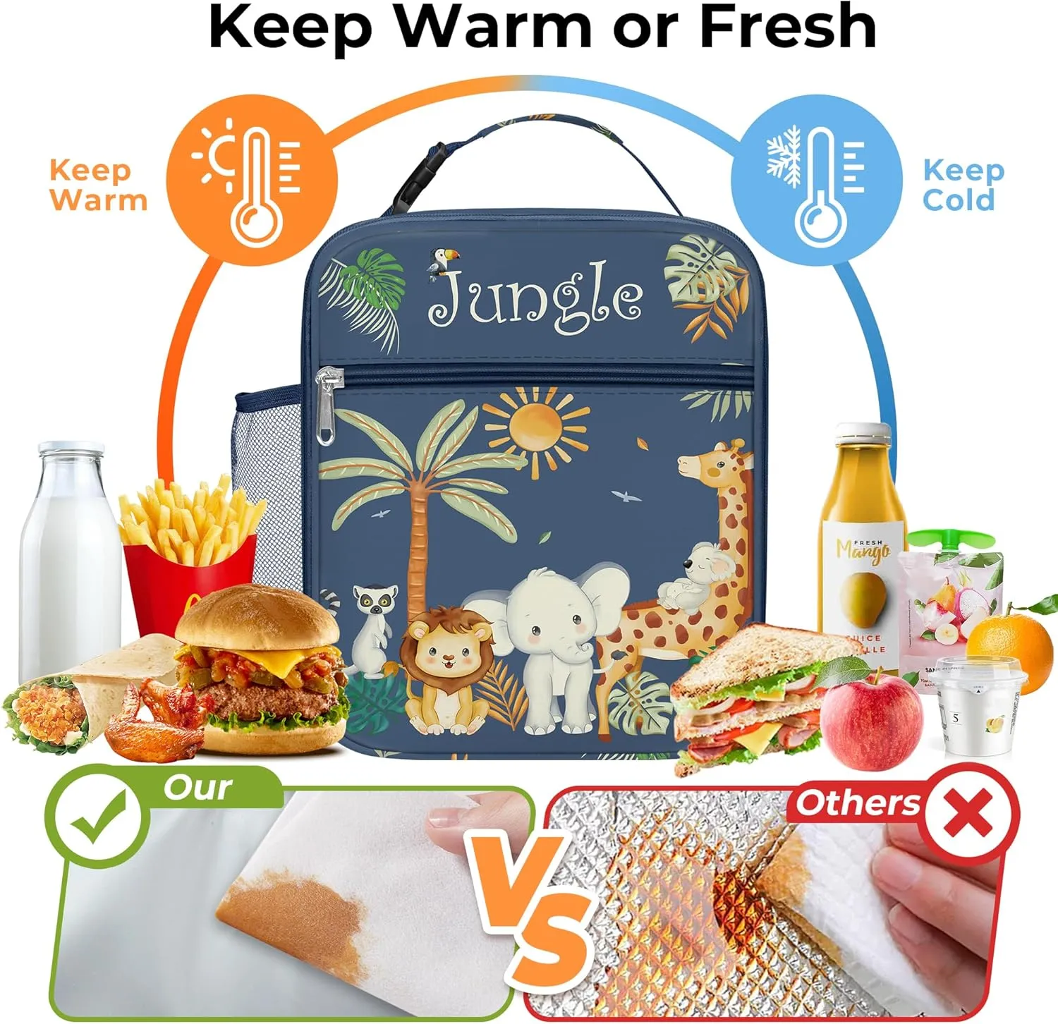 Clastyle Blue Jungle Animal Insulated Lunch Bag for Kids, Portable Large Thermal Cooler Lunch Bag for Boys, School Lunch Box Bag with Bottle Holder