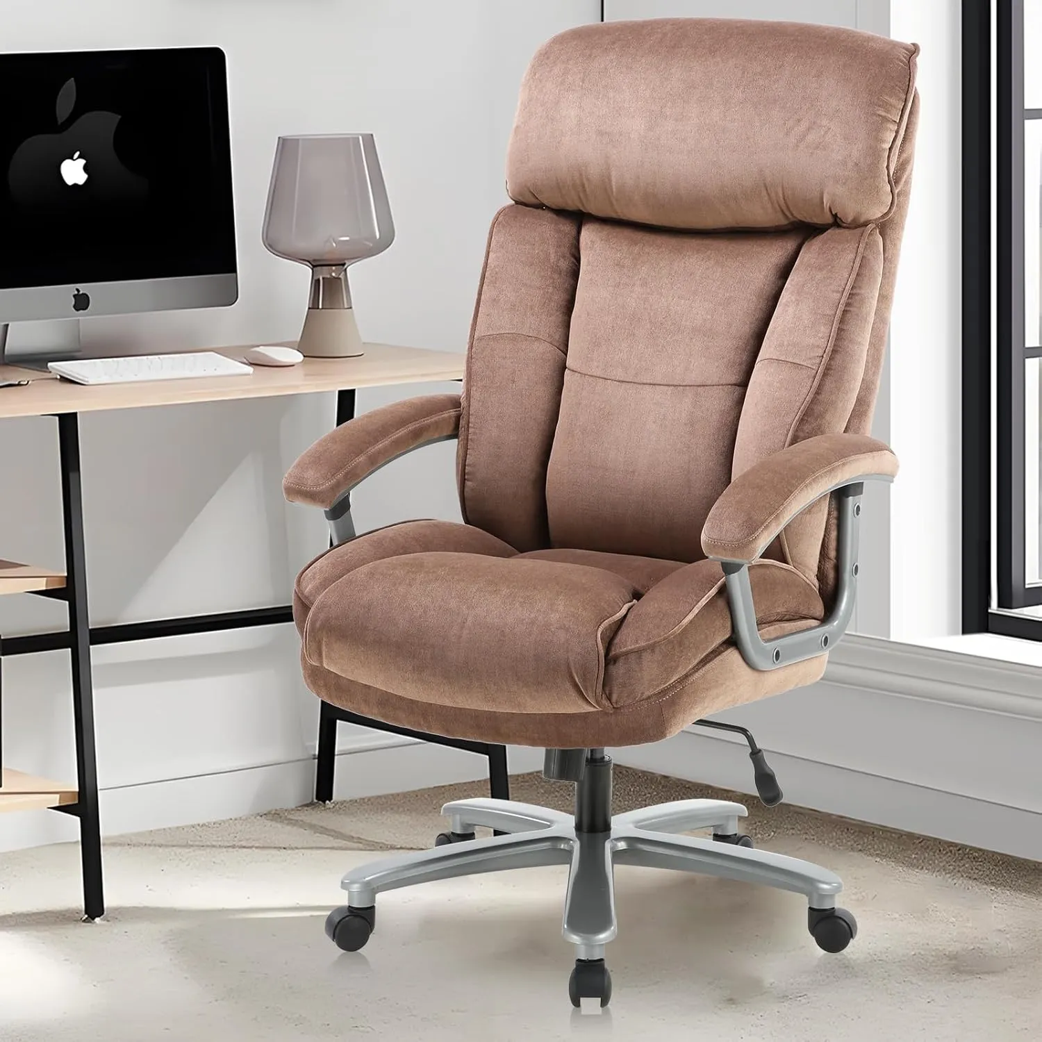 CLATINA Ergonomic Big and Tall Executive Office Chair with Upholstered Swivel 400lbs High Capacity Adjustable Height Thick Padding Headrest and Armrest for Home Office Beige