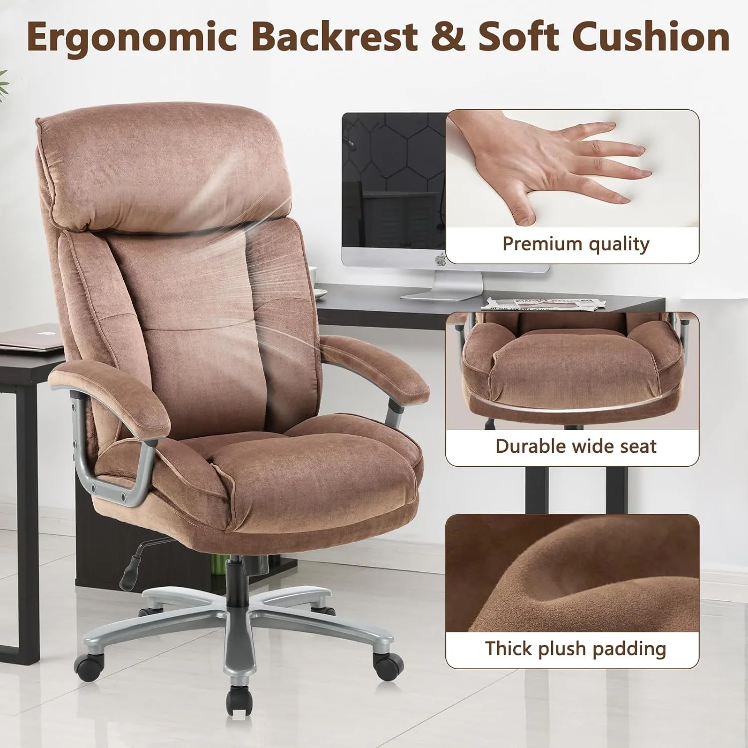 CLATINA Ergonomic Big and Tall Executive Office Chair with Upholstered Swivel 400lbs High Capacity Adjustable Height Thick Padding Headrest and Armrest for Home Office Beige