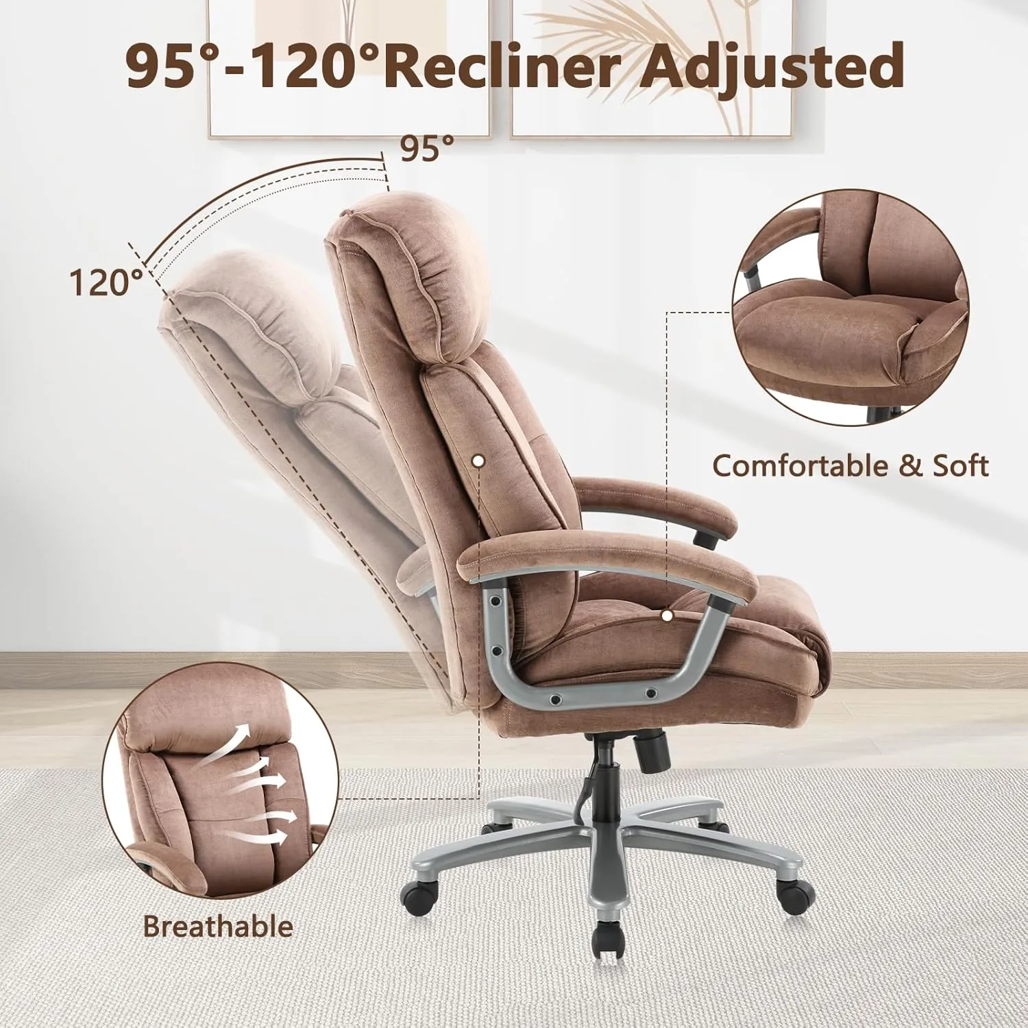 CLATINA Ergonomic Big and Tall Executive Office Chair with Upholstered Swivel 400lbs High Capacity Adjustable Height Thick Padding Headrest and Armrest for Home Office Beige