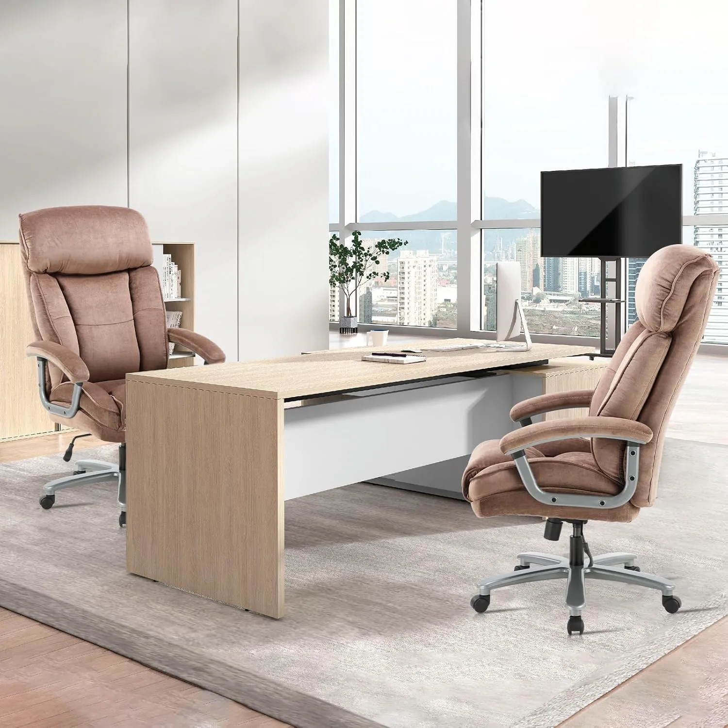 CLATINA Ergonomic Big and Tall Executive Office Chair with Upholstered Swivel 400lbs High Capacity Adjustable Height Thick Padding Headrest and Armrest for Home Office Beige