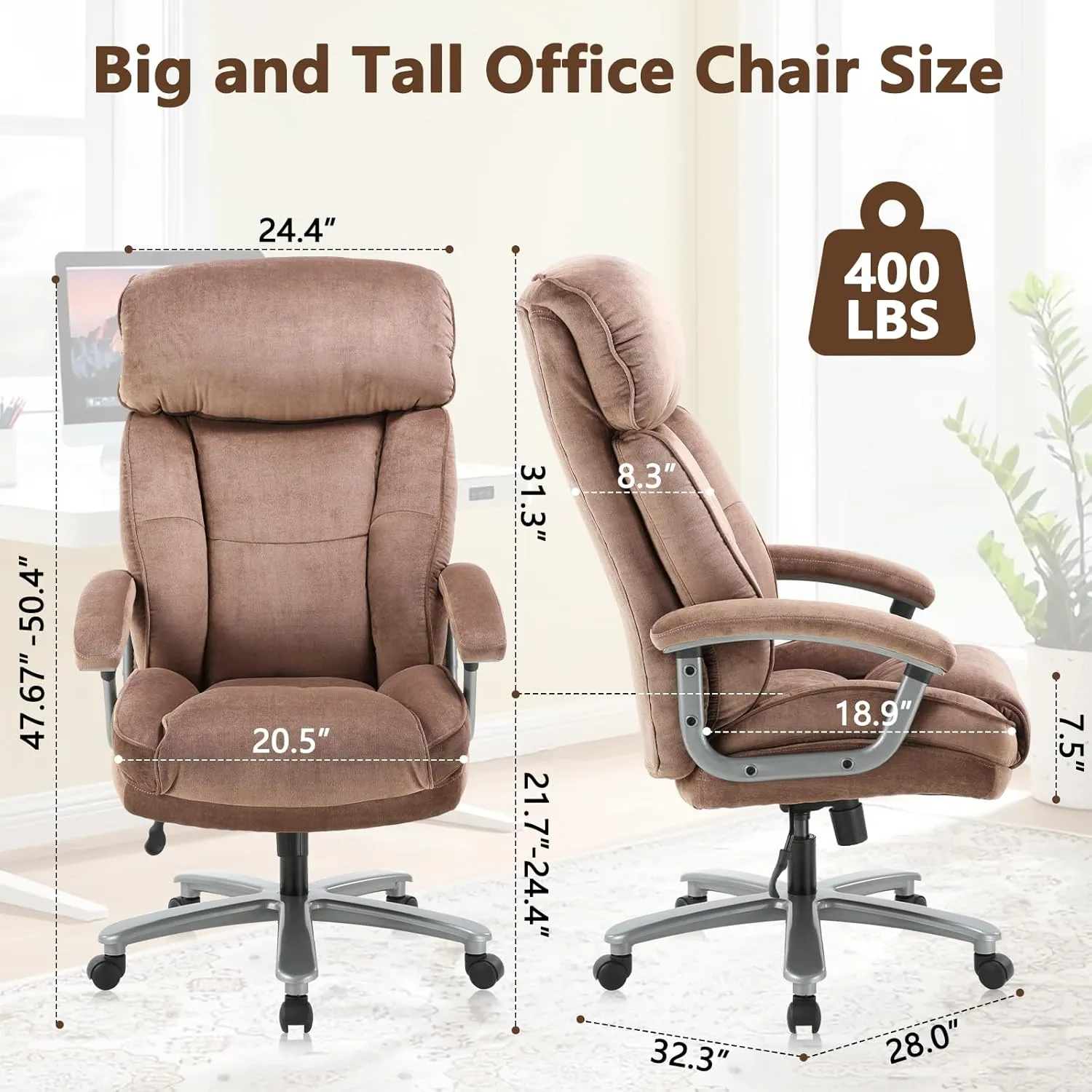 CLATINA Ergonomic Big and Tall Executive Office Chair with Upholstered Swivel 400lbs High Capacity Adjustable Height Thick Padding Headrest and Armrest for Home Office Beige