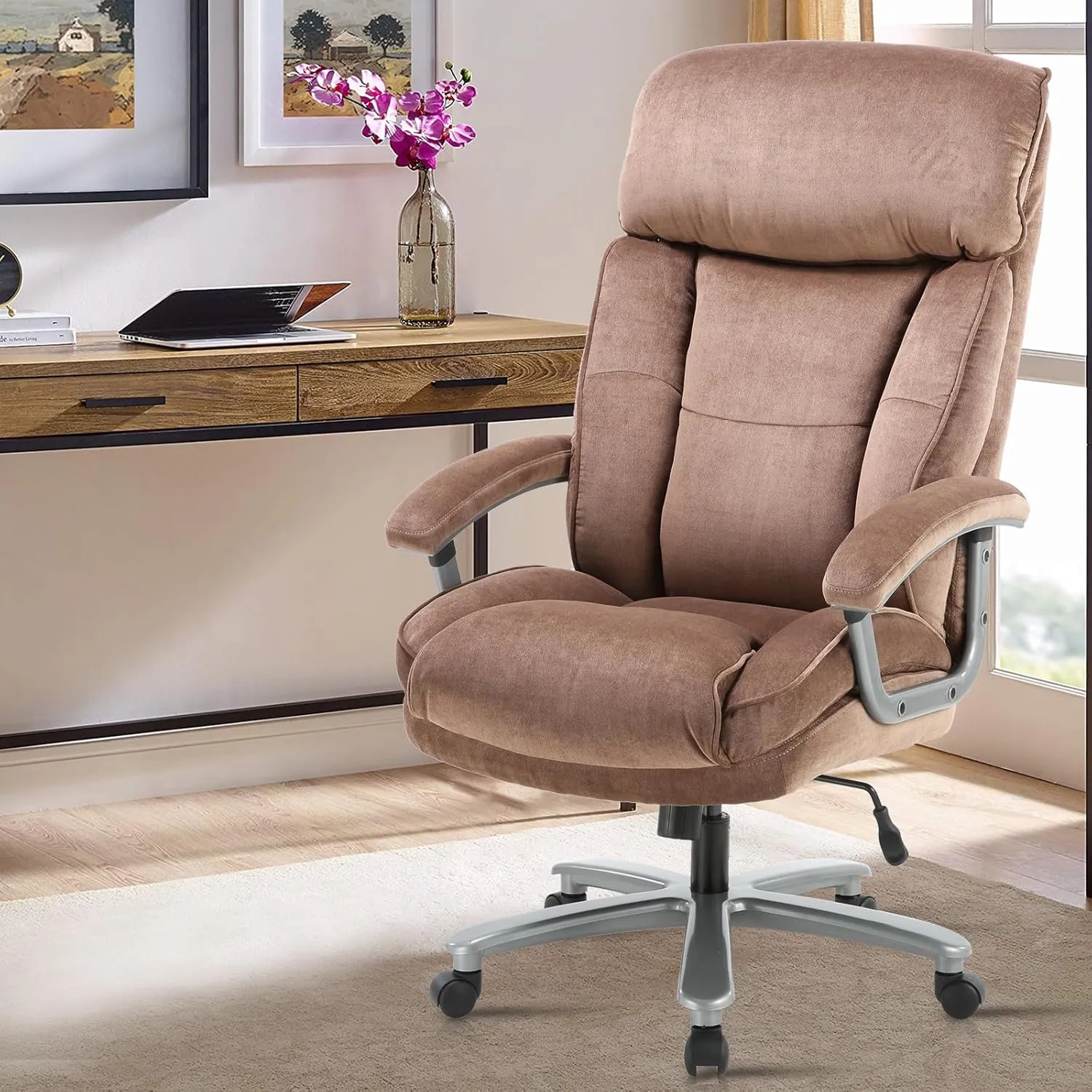 CLATINA Ergonomic Big and Tall Executive Office Chair with Upholstered Swivel 400lbs High Capacity Adjustable Height Thick Padding Headrest and Armrest for Home Office Beige