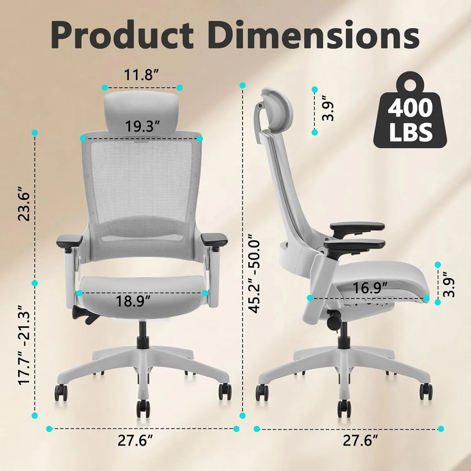 CLATINA Ergonomic High Swivel Executive Chair with Adjustable Height Head 3D Arm Rest Lumbar Support and Upholstered Back for Home Office Studio, Gray Mesh, 2 Pack