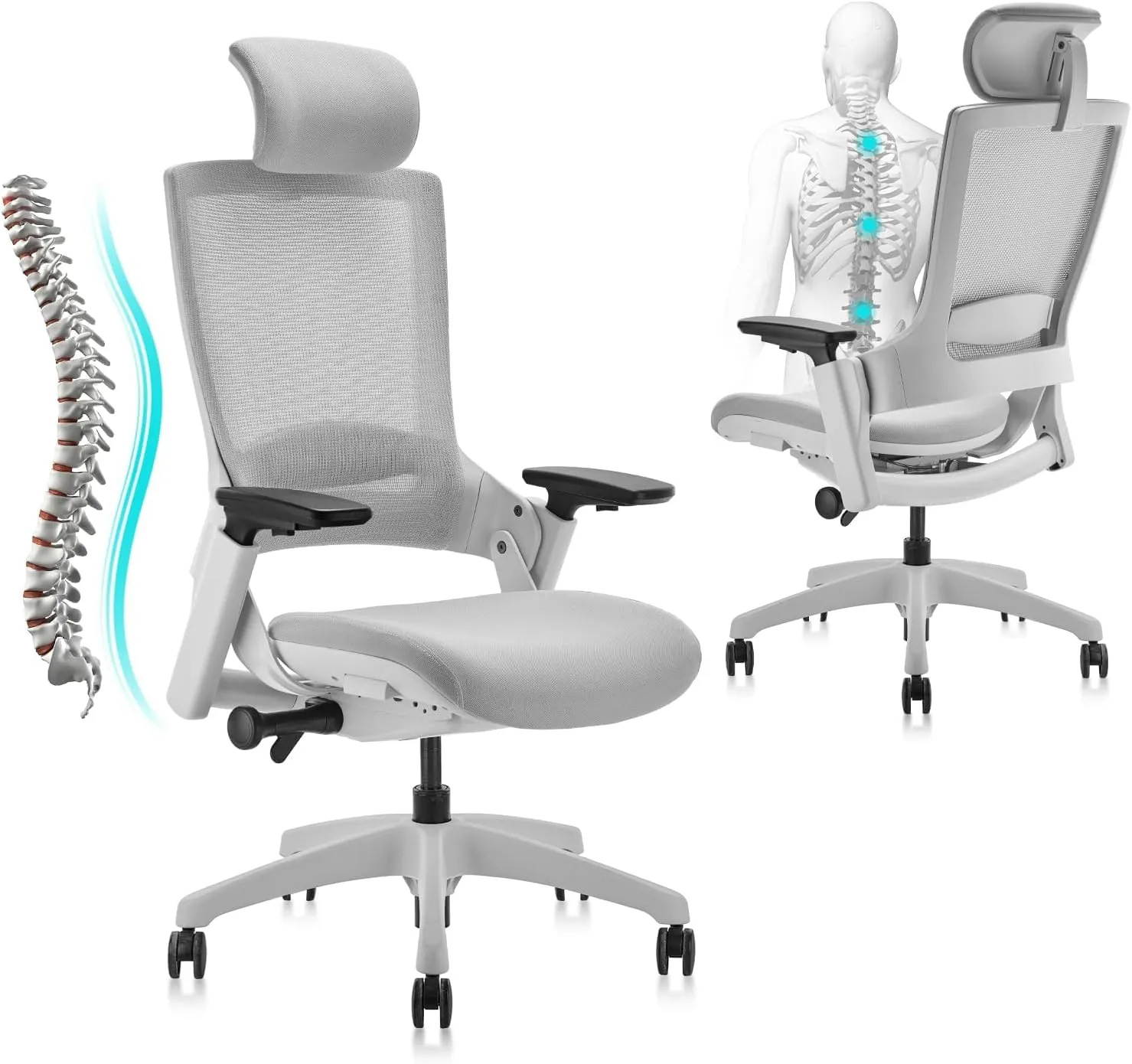 CLATINA Ergonomic High Swivel Executive Chair with Adjustable Height Head 3D Arm Rest Lumbar Support and Upholstered Back for Home Office Studio, Gray Mesh, 2 Pack