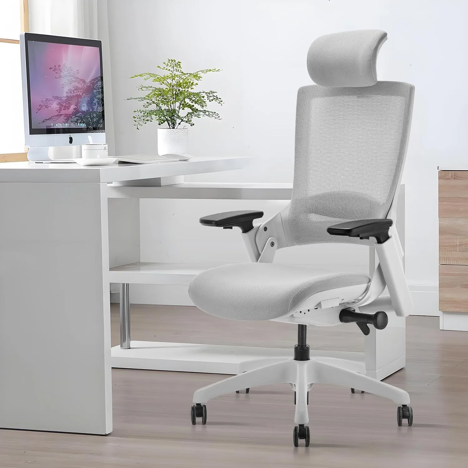 CLATINA Ergonomic High Swivel Executive Chair with Adjustable Height Head 3D Arm Rest Lumbar Support and Upholstered Back for Home Office Studio, Gray Mesh, 2 Pack