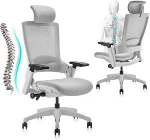 CLATINA Ergonomic High Swivel Executive Chair with Adjustable Height Head 3D Arm Rest Lumbar Support and Upholstered Back for Home Office Studio, Gray Mesh, 2 Pack
