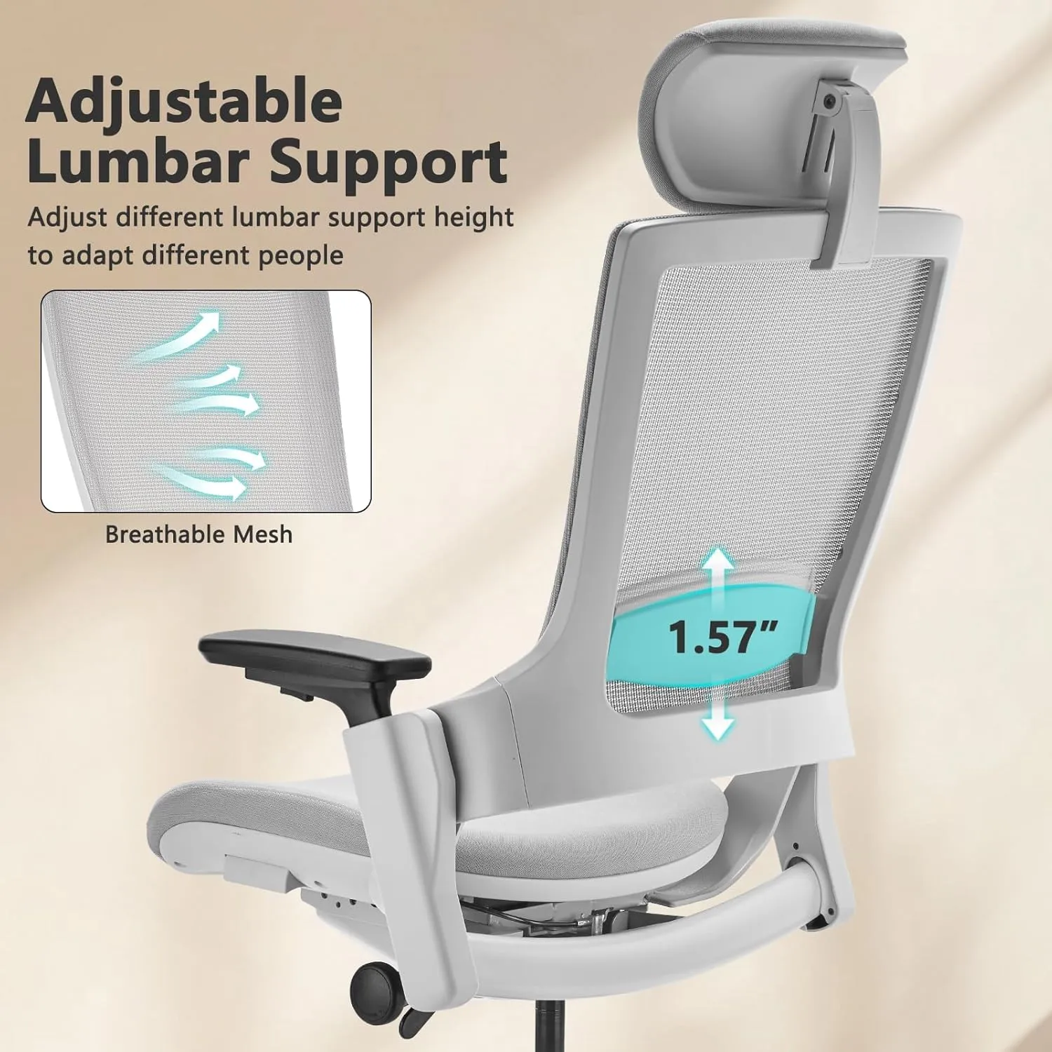 CLATINA Ergonomic High Swivel Executive Chair with Adjustable Height Head 3D Arm Rest Lumbar Support and Upholstered Back for Home Office Studio, Gray Mesh, 2 Pack