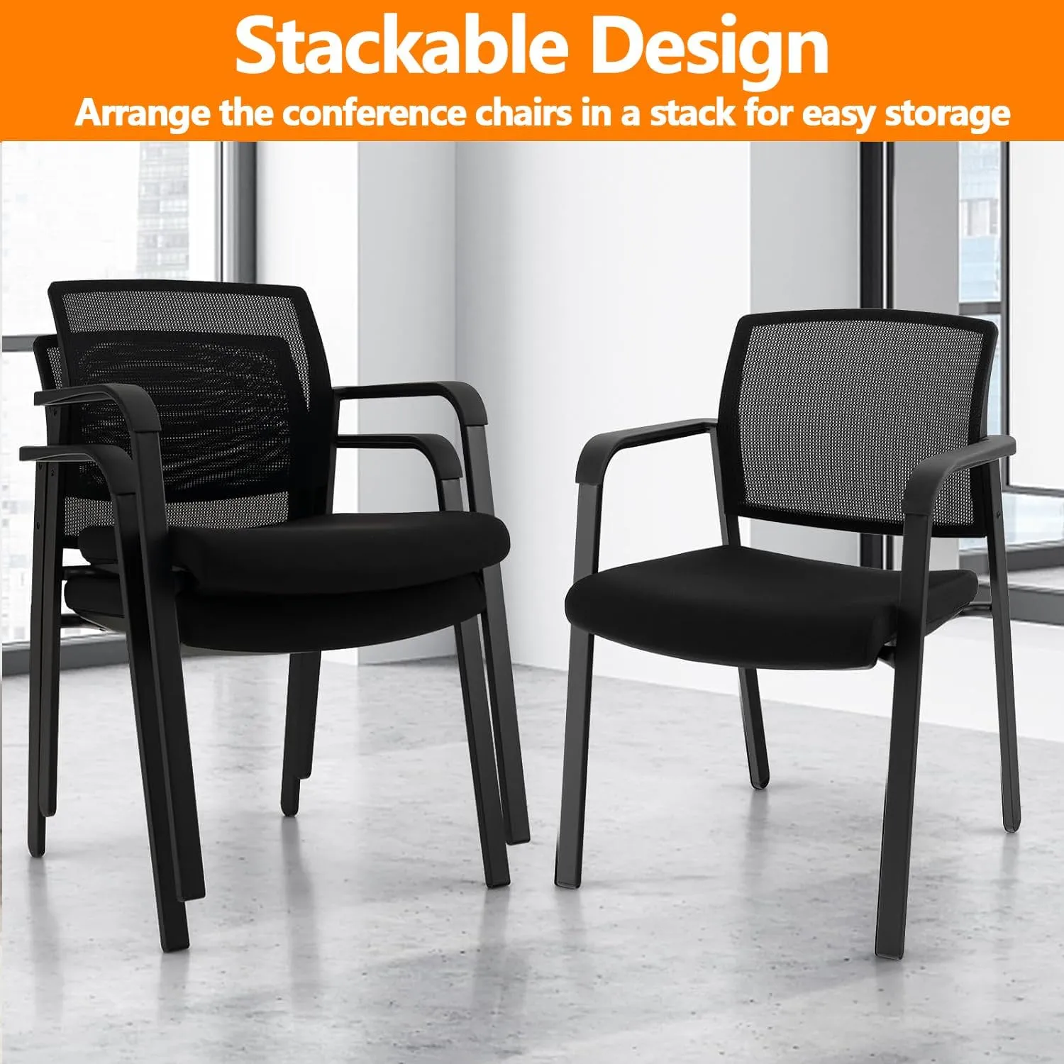 CLATINA Guest Reception Stacking No Wheels Desk Chair, Mesh Back Waiting Room Chairs with Arm Upholstered Fabric Seat and Ergonomic Lumbar Support for Office Conference School Church, Black (1 Pack)