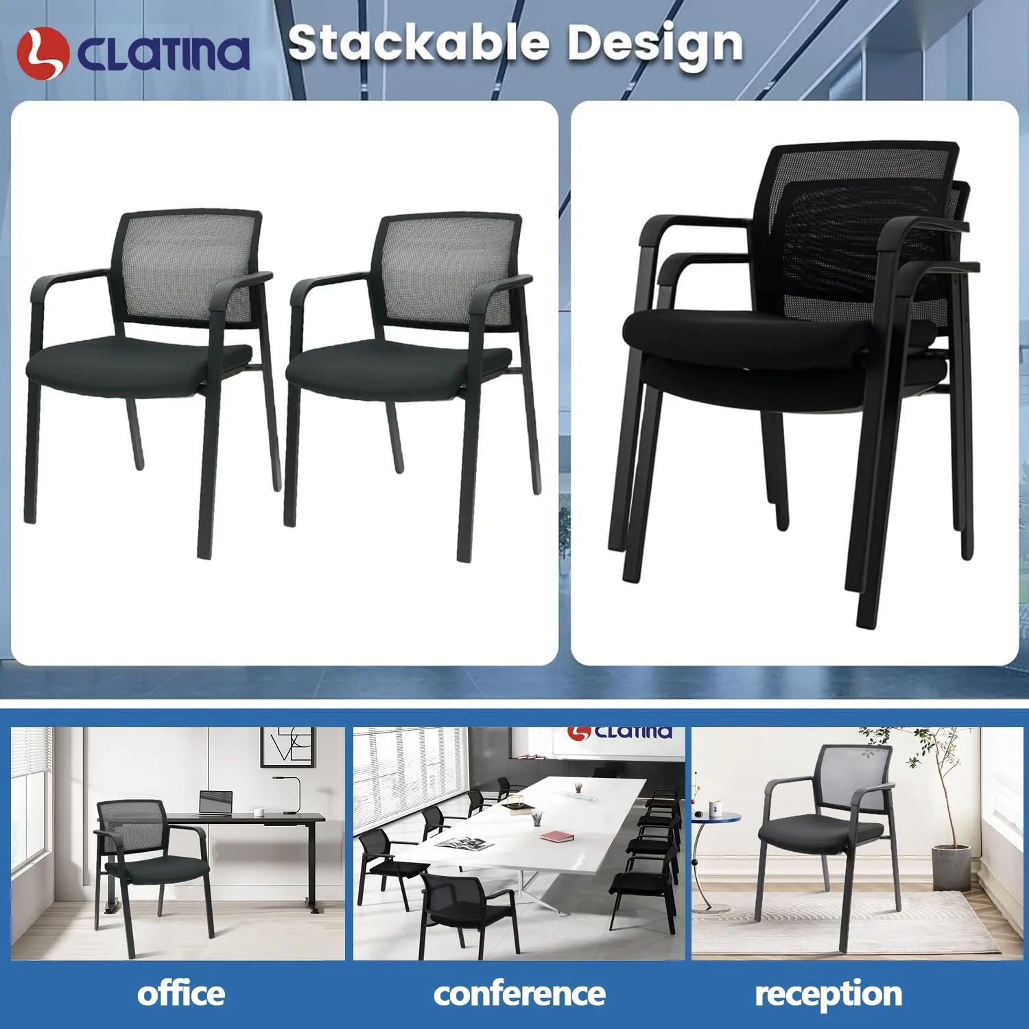 CLATINA Guest Reception Stacking No Wheels Desk Chair, Mesh Back Waiting Room Chairs with Arm Upholstered Fabric Seat and Ergonomic Lumbar Support for Office Conference School Church, Black (1 Pack)
