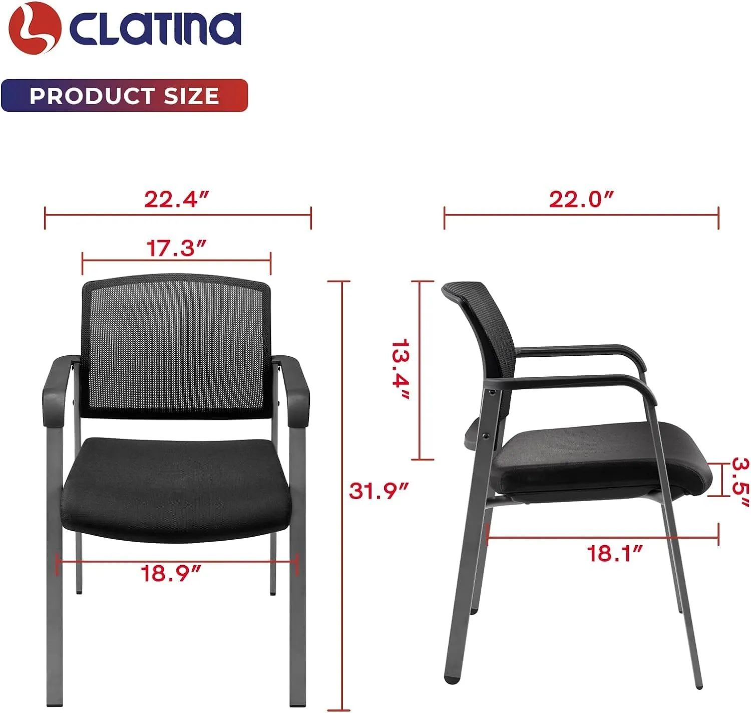 CLATINA Guest Reception Stacking No Wheels Desk Chair, Mesh Back Waiting Room Chairs with Arm Upholstered Fabric Seat and Ergonomic Lumbar Support for Office Conference School Church, Black (1 Pack)