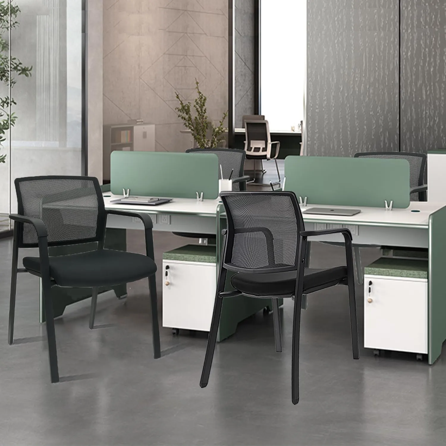 CLATINA Guest Reception Stacking No Wheels Desk Chair, Mesh Back Waiting Room Chairs with Arm Upholstered Fabric Seat and Ergonomic Lumbar Support for Office Conference School Church, Black (1 Pack)