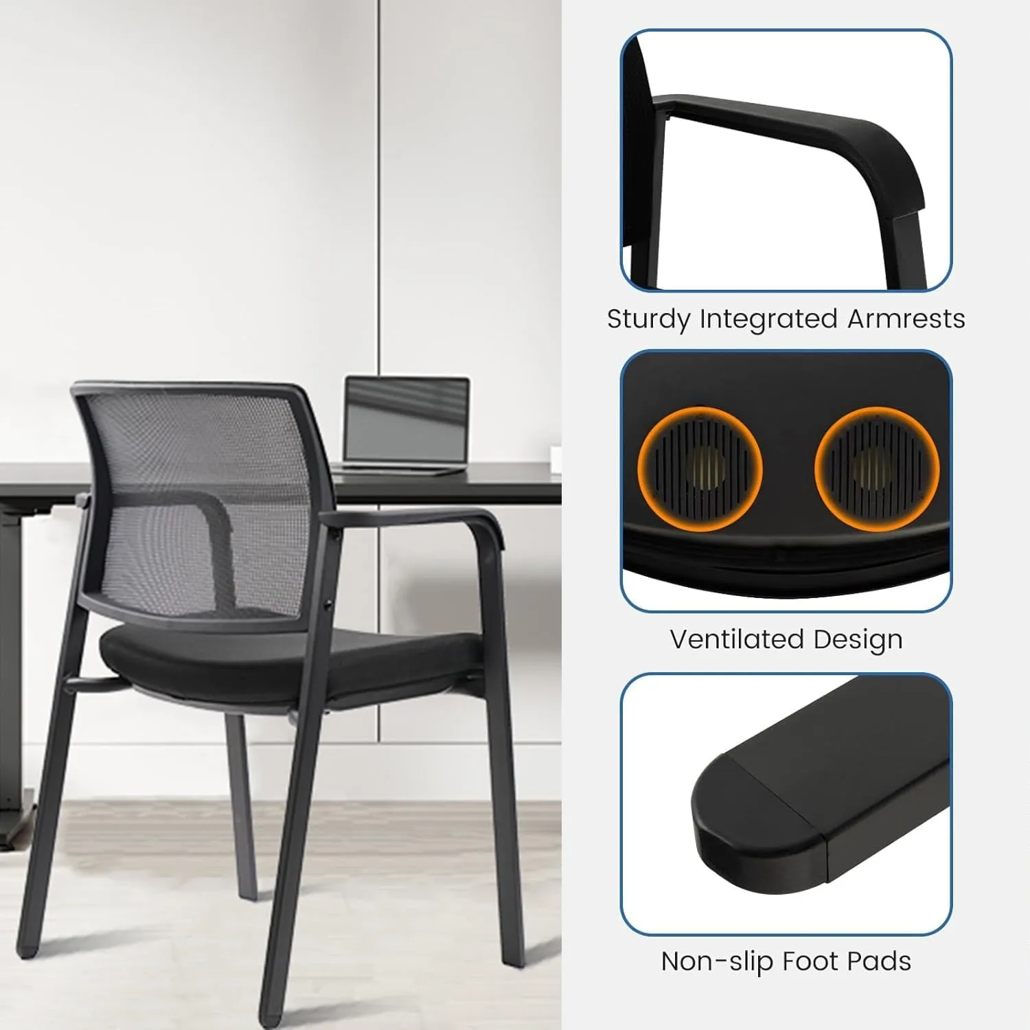 CLATINA Guest Reception Stacking No Wheels Desk Chair, Mesh Back Waiting Room Chairs with Arm Upholstered Fabric Seat and Ergonomic Lumbar Support for Office Conference School Church, Black (1 Pack)