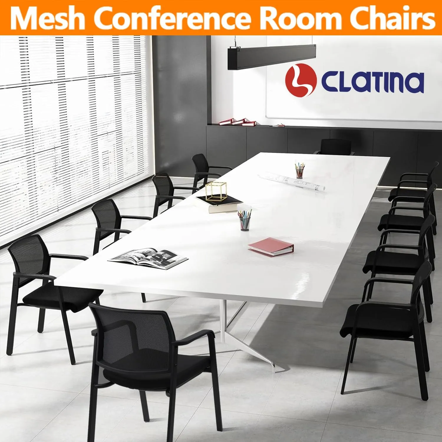 CLATINA Guest Reception Stacking No Wheels Desk Chair, Mesh Back Waiting Room Chairs with Arm Upholstered Fabric Seat and Ergonomic Lumbar Support for Office Conference School Church, Black (1 Pack)