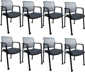 CLATINA Rolling Conference Room Chairs Set of 8, Stackable Office Guest Reception Chair with Armrests and Wheels, Mesh Back Waiting Room Stools for Office, School, Lobby, Church, Grey