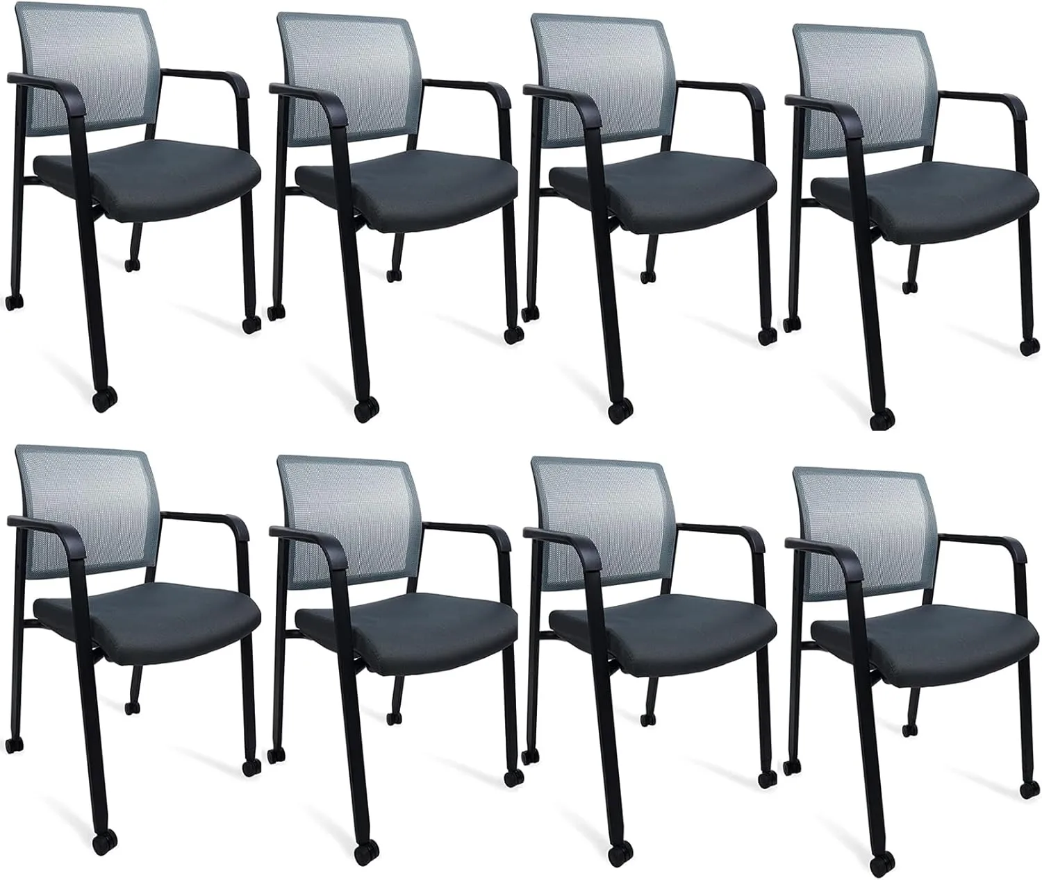 CLATINA Rolling Conference Room Chairs Set of 8, Stackable Office Guest Reception Chair with Armrests and Wheels, Mesh Back Waiting Room Stools for Office, School, Lobby, Church, Grey