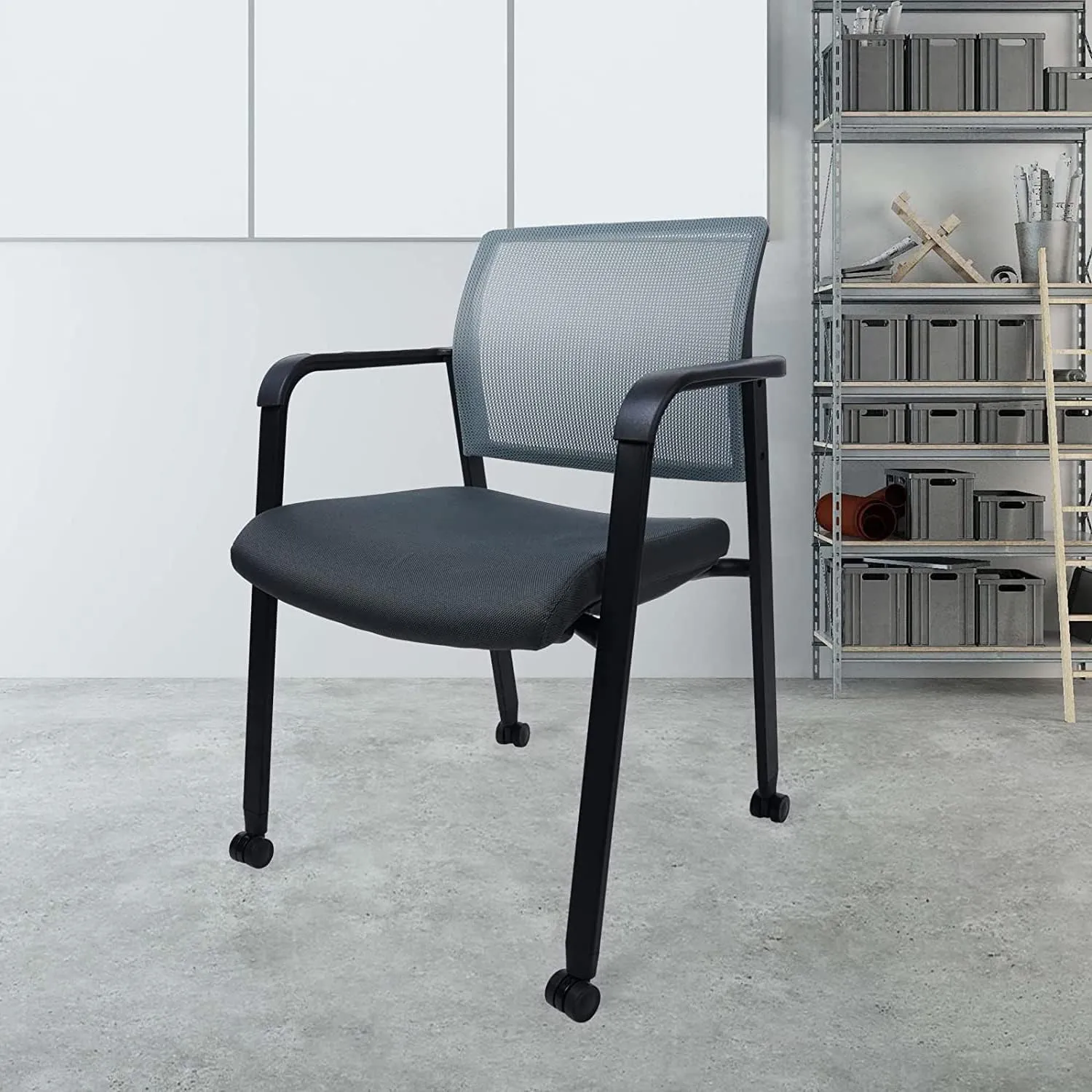 CLATINA Rolling Conference Room Chairs Set of 8, Stackable Office Guest Reception Chair with Armrests and Wheels, Mesh Back Waiting Room Stools for Office, School, Lobby, Church, Grey