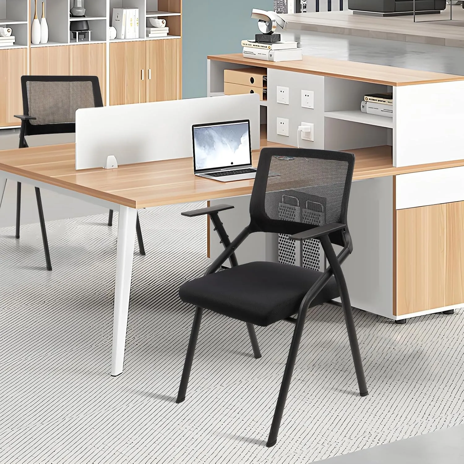 CLATINA Stackable & Foldable Office Chairs with Ergonomic Lumbar Support and Thickened Seat Cushion, Folding Mesh Fabric Reception Guest Chair for School Church Conference Waiting Room Black (8pk)
