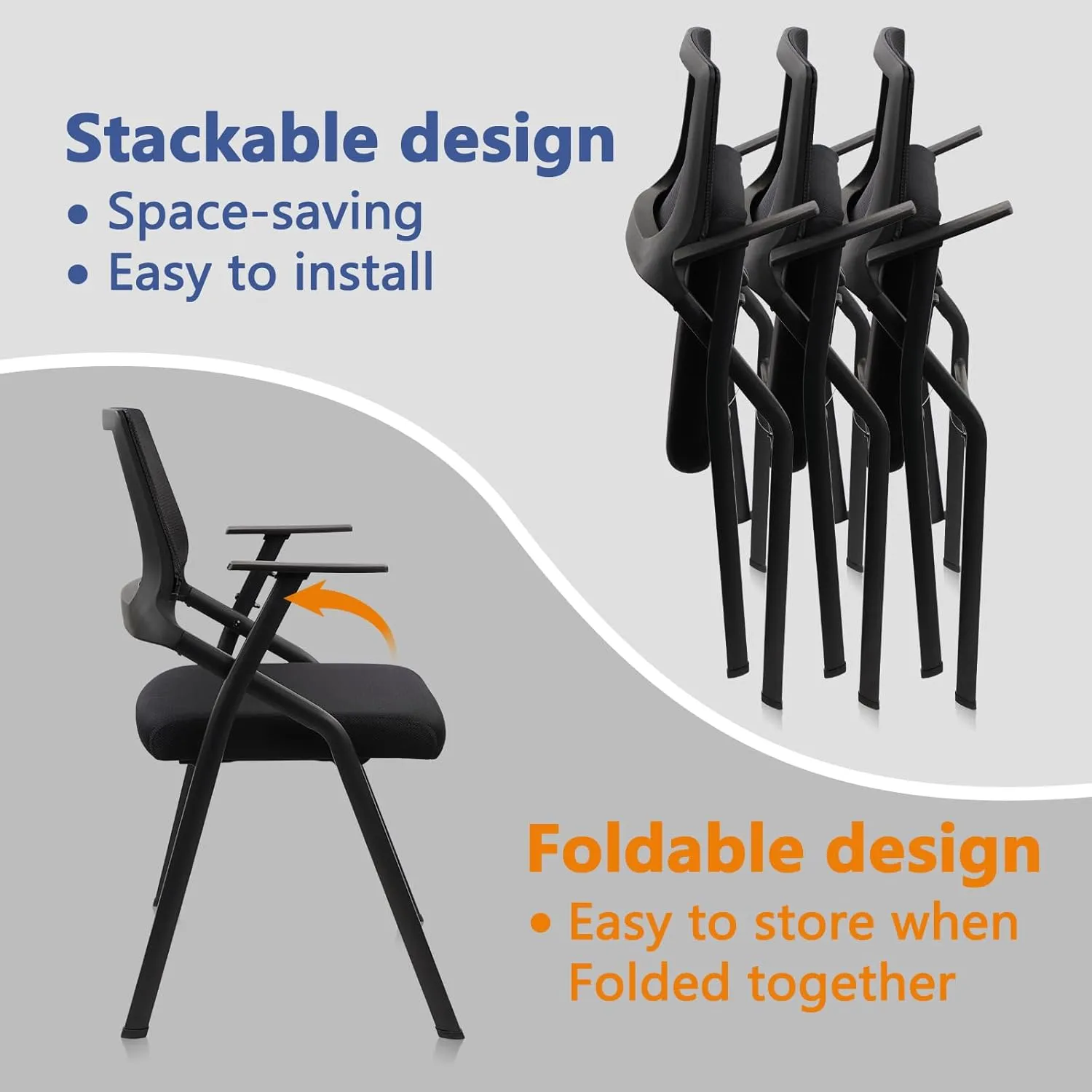 CLATINA Stackable & Foldable Office Chairs with Ergonomic Lumbar Support and Thickened Seat Cushion, Folding Mesh Fabric Reception Guest Chair for School Church Conference Waiting Room Black (8pk)