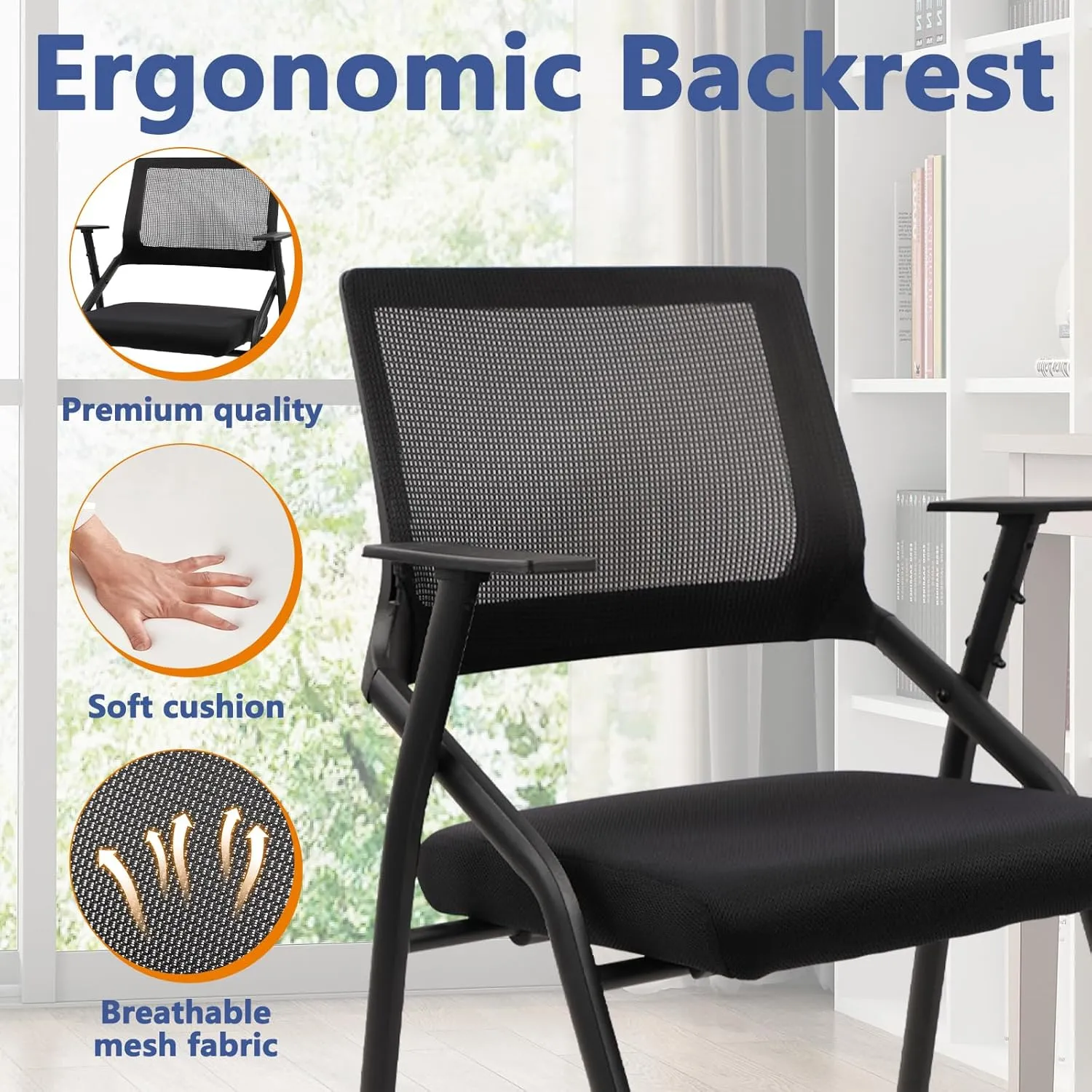 CLATINA Stackable & Foldable Office Chairs with Ergonomic Lumbar Support and Thickened Seat Cushion, Folding Mesh Fabric Reception Guest Chair for School Church Conference Waiting Room Black (8pk)