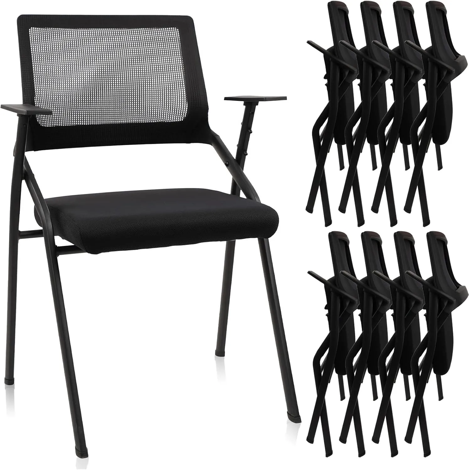 CLATINA Stackable & Foldable Office Chairs with Ergonomic Lumbar Support and Thickened Seat Cushion, Folding Mesh Fabric Reception Guest Chair for School Church Conference Waiting Room Black (8pk)