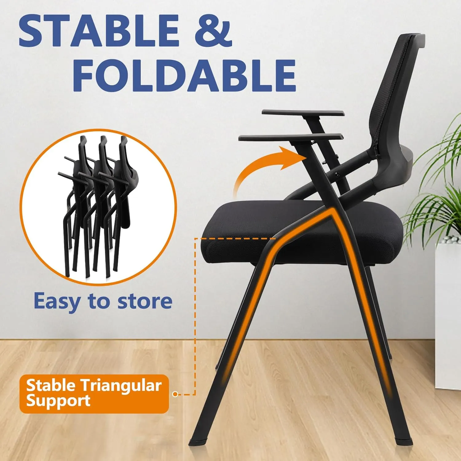 CLATINA Stackable & Foldable Office Chairs with Ergonomic Lumbar Support and Thickened Seat Cushion, Folding Mesh Fabric Reception Guest Chair for School Church Conference Waiting Room Black (8pk)
