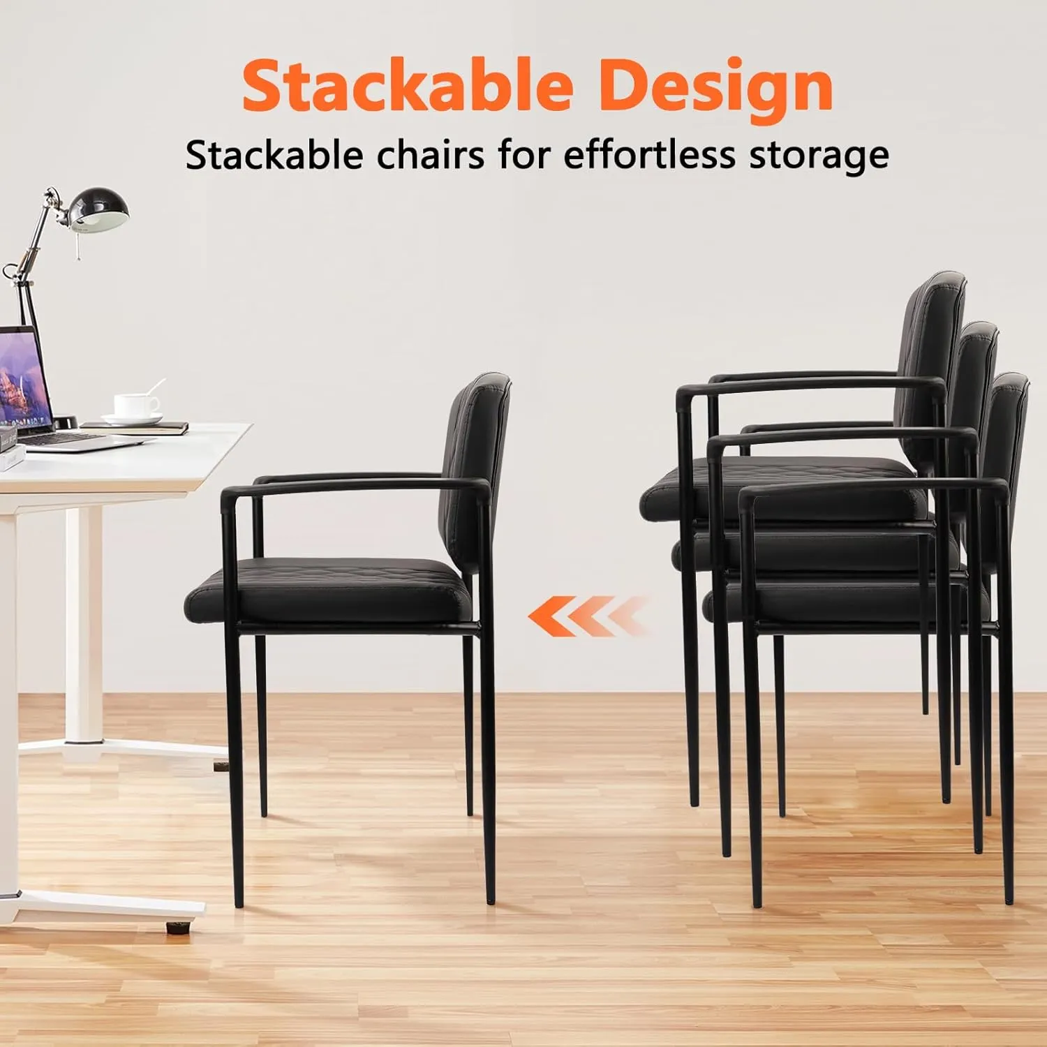 CLATINA Stackable Waiting Room Chair with Armrest, Leather Comfy Reception Guest Chairs, Stationary Office Desk Chair No Wheels for Conference, Lobby, Side, School, Black, Argyle, 4 Pack