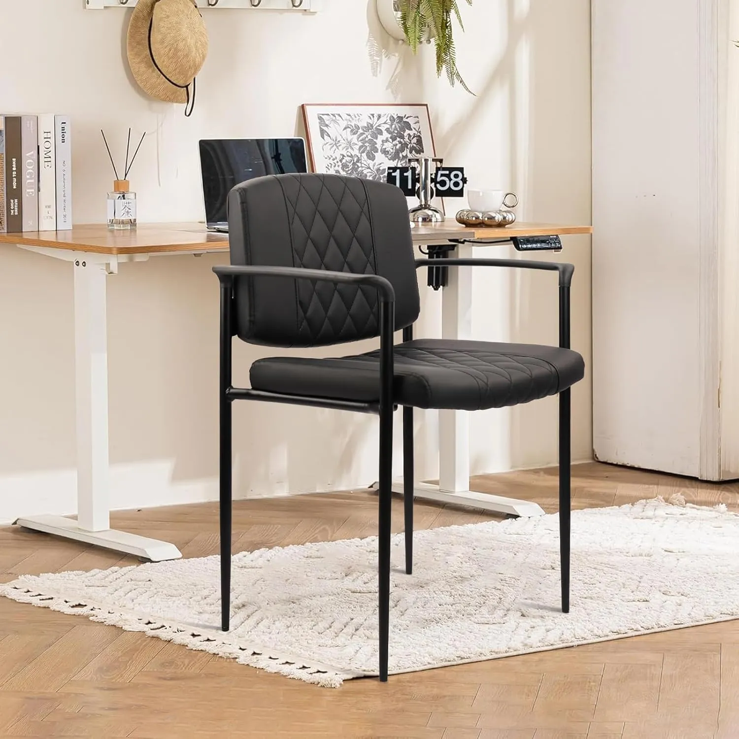 CLATINA Stackable Waiting Room Chair with Armrest, Leather Comfy Reception Guest Chairs, Stationary Office Desk Chair No Wheels for Conference, Lobby, Side, School, Black, Argyle, 4 Pack