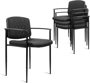 CLATINA Stackable Waiting Room Chair with Armrest, Leather Comfy Reception Guest Chairs, Stationary Office Desk Chair No Wheels for Conference, Lobby, Side, School, Black, Argyle, 4 Pack