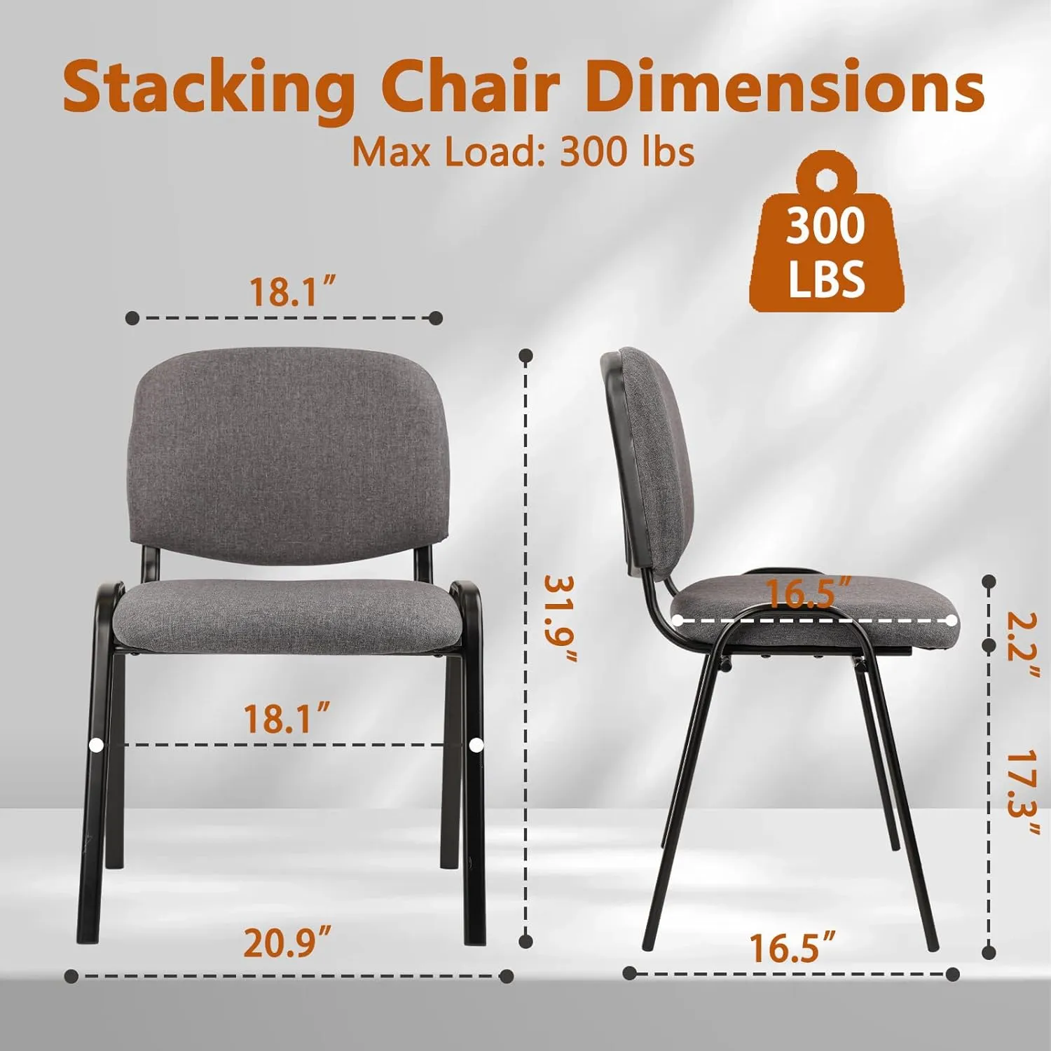 CLATINA Stackable Waiting Room Chairs, Cloth Fabric Guest Reception Chair with Upholstered Thickene Seat and Back Support, Stacking Chair Metal Leg for Office School Church Conference, Grey, 5 Pack