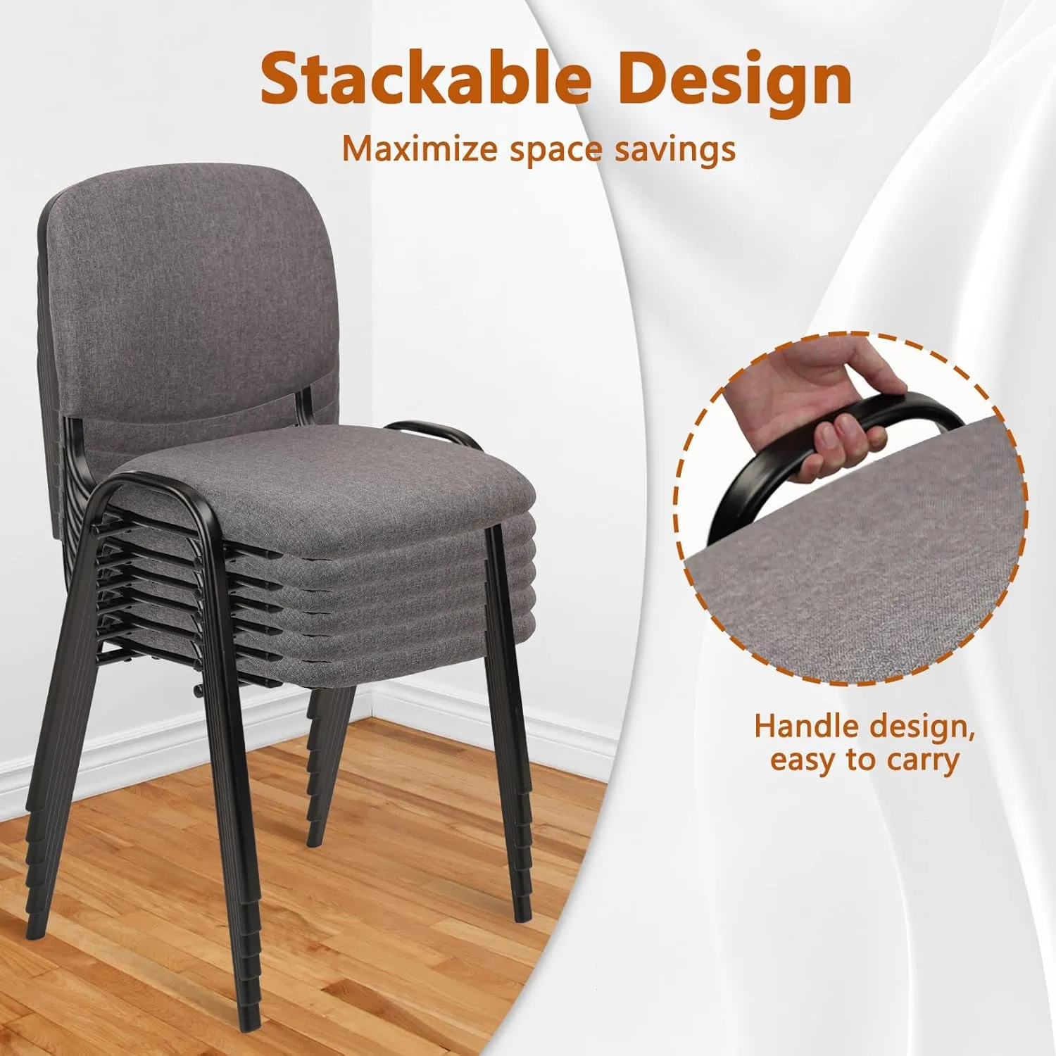 CLATINA Stackable Waiting Room Chairs, Cloth Fabric Guest Reception Chair with Upholstered Thickene Seat and Back Support, Stacking Chair Metal Leg for Office School Church Conference, Grey, 5 Pack