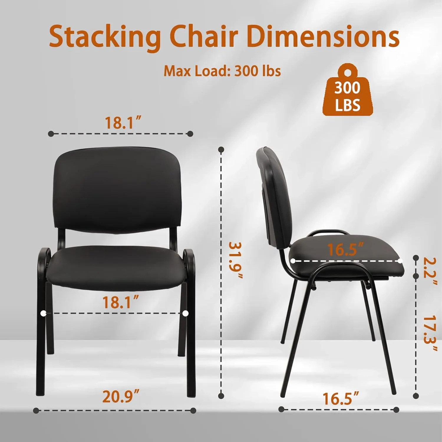 CLATINA Stackable Waiting Room Chairs, PU Leather Guest Reception Chair with Upholstered Thickene Seat and Back Support, Stacking Chair Metal Leg for Office School Church Conference, Black, 5 Pack
