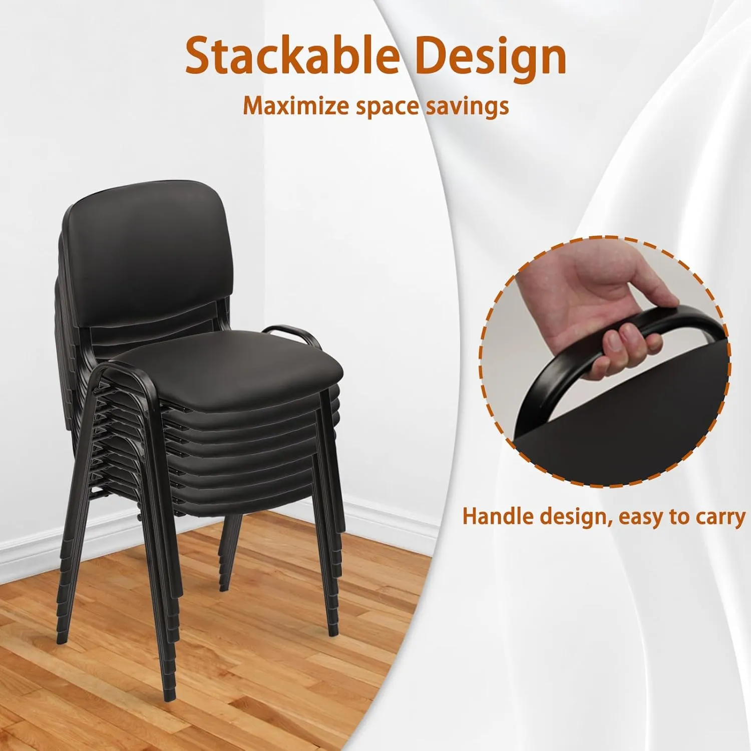 CLATINA Stackable Waiting Room Chairs, PU Leather Guest Reception Chair with Upholstered Thickene Seat and Back Support, Stacking Chair Metal Leg for Office School Church Conference, Black, 5 Pack
