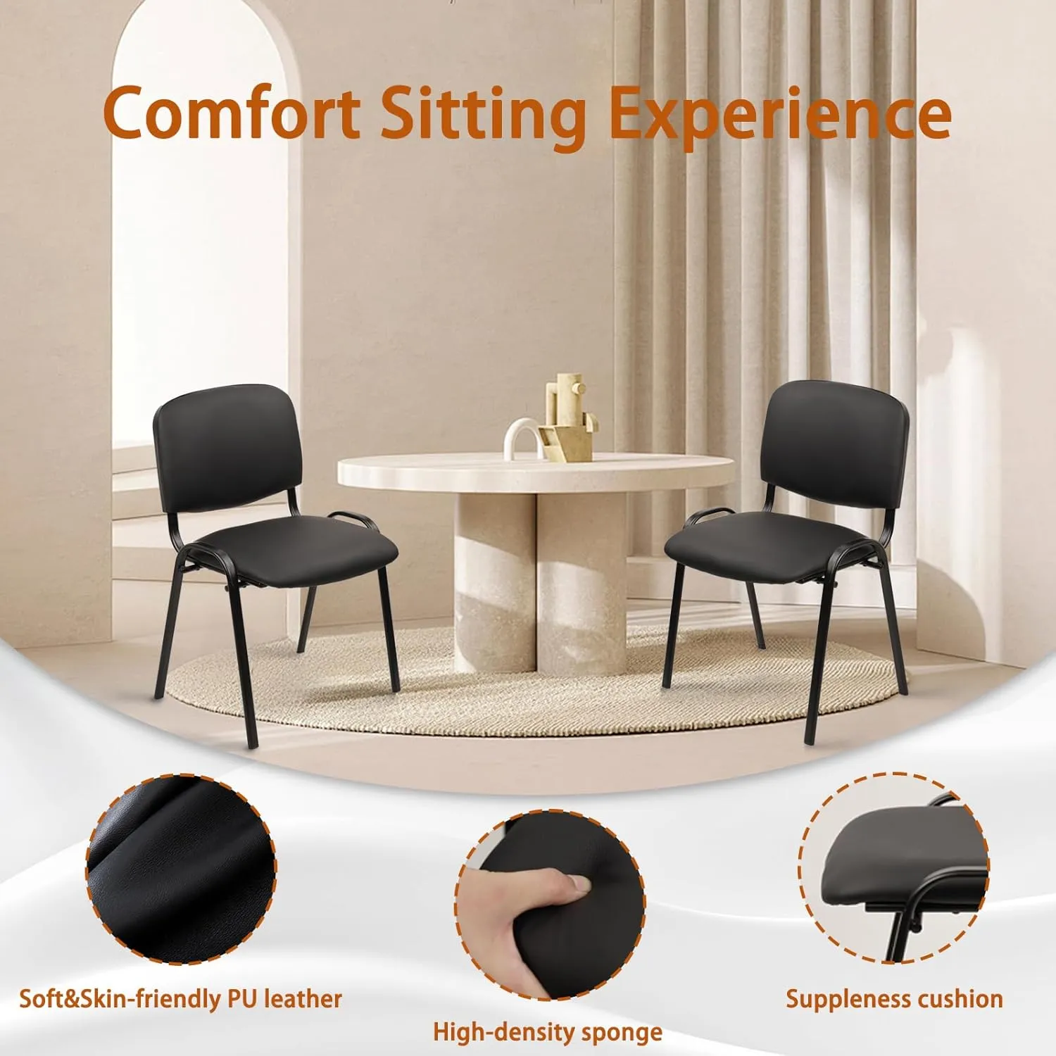 CLATINA Stackable Waiting Room Chairs, PU Leather Guest Reception Chair with Upholstered Thickene Seat and Back Support, Stacking Chair Metal Leg for Office School Church Conference, Black, 5 Pack