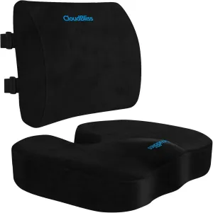 CloudBliss Seat Cushion,Office Chair Cushion,Car Seat Cushions,Lumbar Support Pillow for Office Chair,Back Support Memory Foam Pillow Coccyx Cushions for Tailbone Pain,Sciatica Back Pain Relief Black