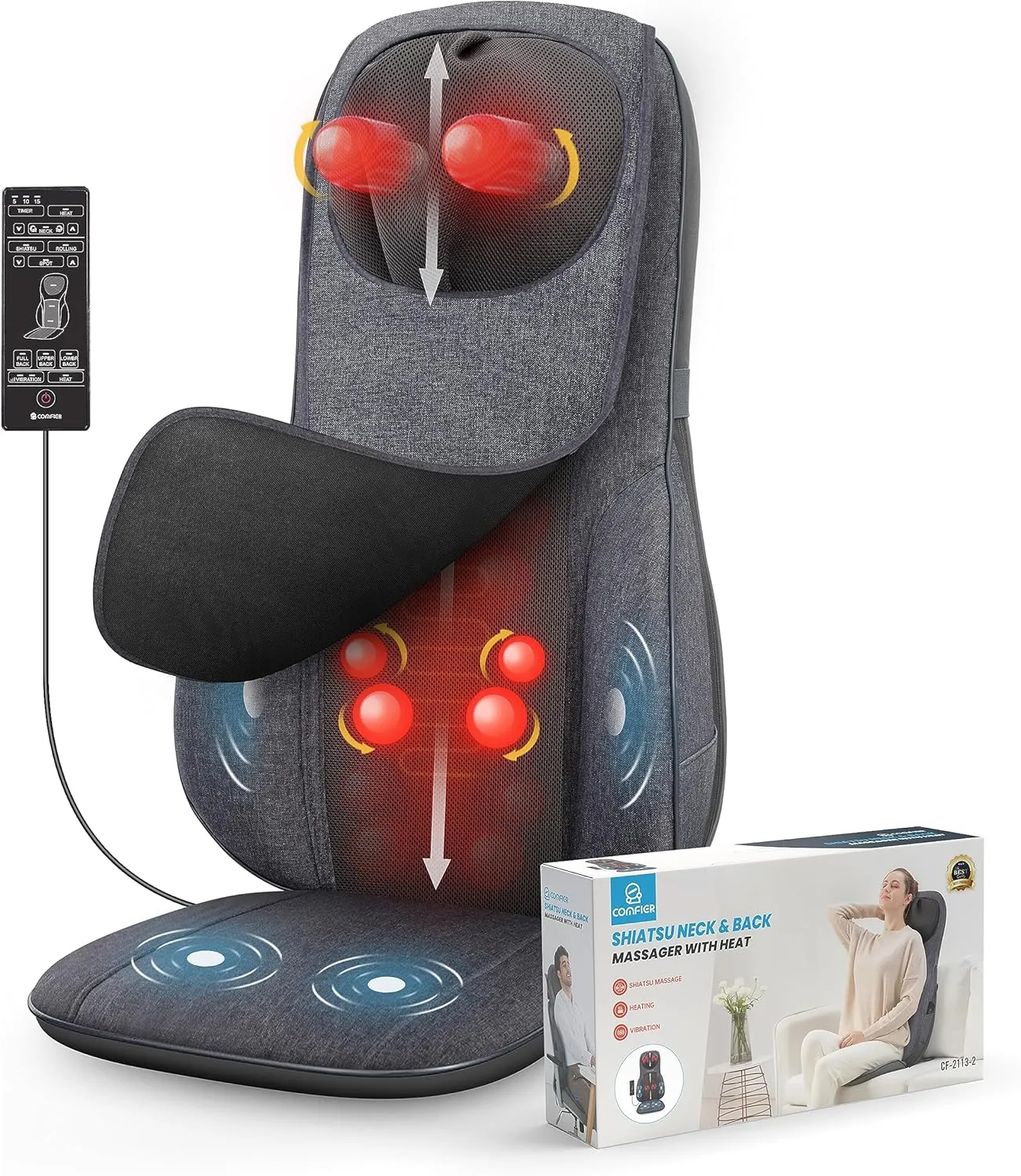 COMFIER Neck&Back Massagers with Heat,Shiatsu Massager Chair with Adjustable Height Pillow,Full Body Massage Cushion,4 Rolling Nodes&3 Vibration Levels,Gift for Men,Women,Gray