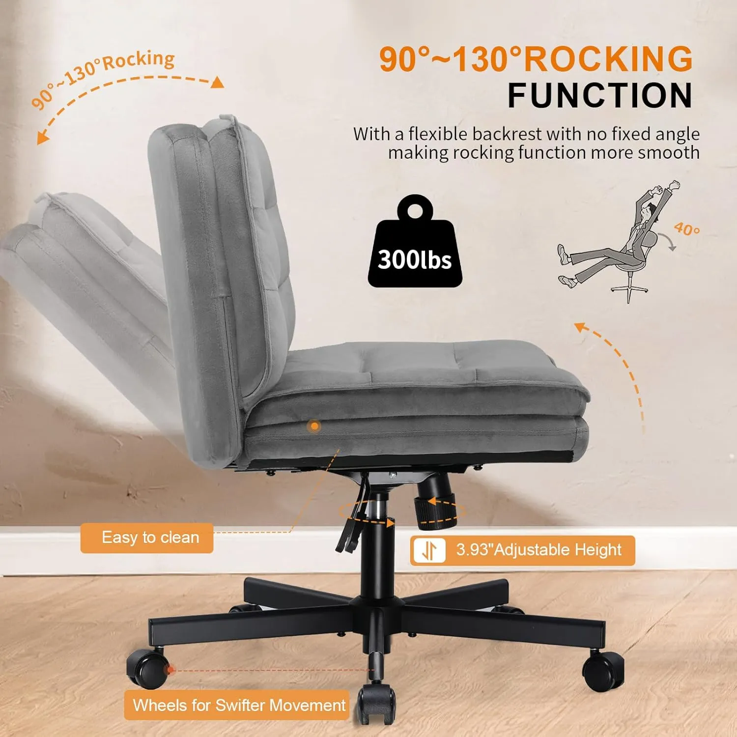 COMHOMA Criss Cross Chair with Wheels Armless Comfy Cross Legged Home Office Desk Chair for Makeup Vanity, Mid Back, Silvery Gray Velvet