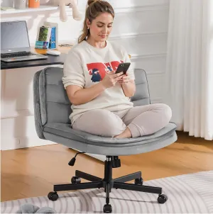 COMHOMA Criss Cross Chair with Wheels Armless Comfy Cross Legged Home Office Desk Chair for Makeup Vanity, Mid Back, Silvery Gray Velvet