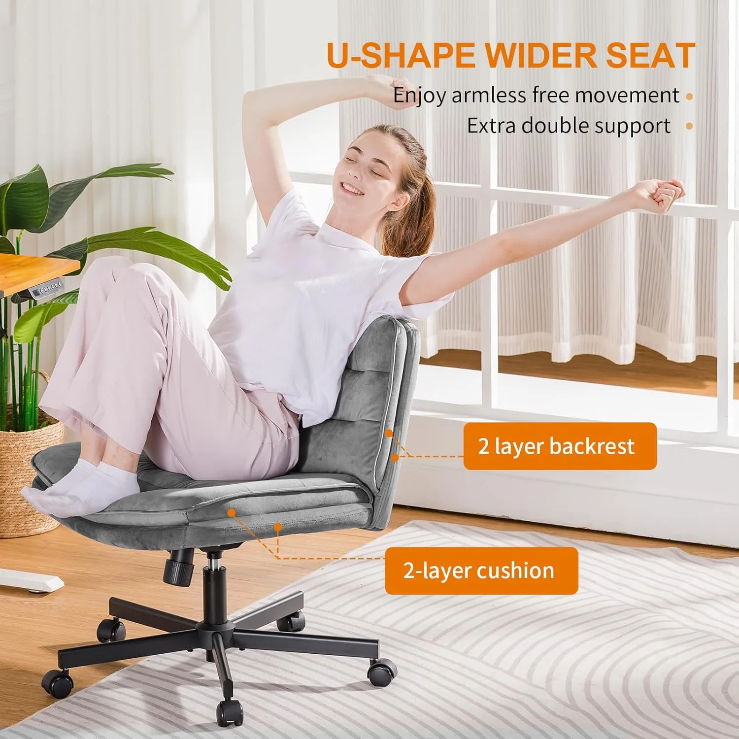 COMHOMA Criss Cross Chair with Wheels Armless Comfy Cross Legged Home Office Desk Chair for Makeup Vanity, Mid Back, Silvery Gray Velvet