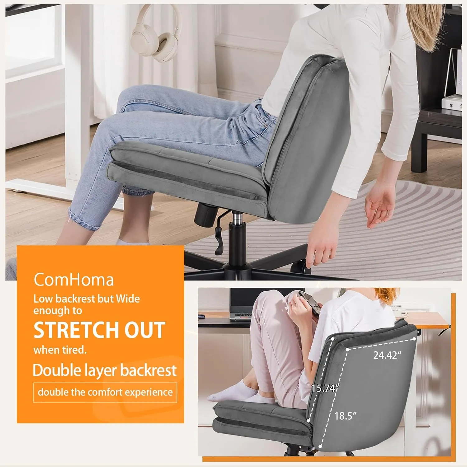 COMHOMA Criss Cross Chair with Wheels Armless Comfy Cross Legged Home Office Desk Chair for Makeup Vanity, Mid Back, Silvery Gray Velvet