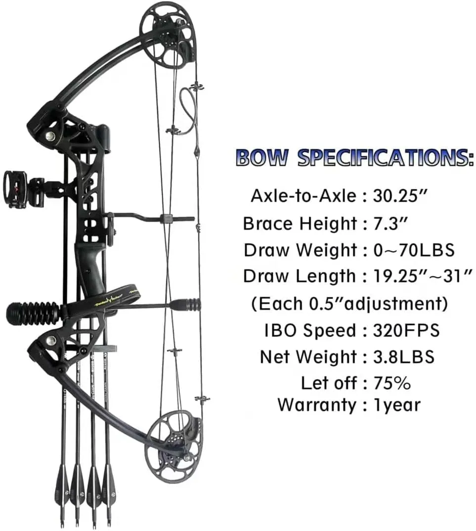 Compound Bow Draw Weight 0-70 Lbs for Pull Beginner and Intermediate Archer Fully Adjustable 19.25"-31" with All Accessories, up to IBO 320 fps,Package with Archery Hunting Equipment New 2024